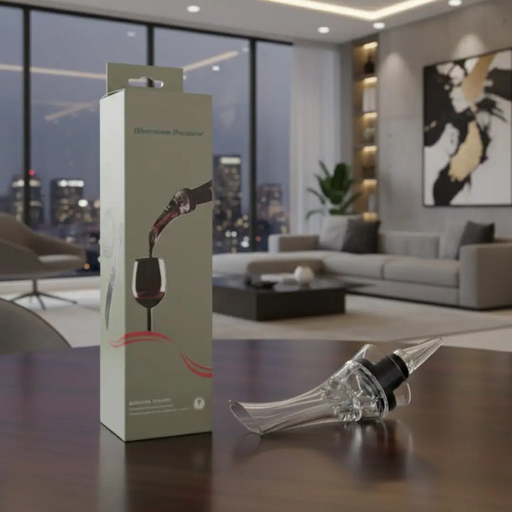 Aerador de Vinho Essence Casavelle ao lado de sua embalagem, posicionado sobre mesa elegante com sala de estar moderna ao fundo, reforçando seu design luxuoso e funcional.