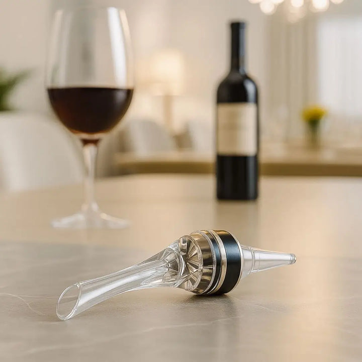 Aerador de Vinho Essence Casavelle apoiado sobre bancada sofisticada, com taça e garrafa ao fundo, destacando seu design transparente e luxuoso.