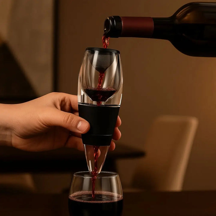 Aerador de vinho Magic Touch Casavelle em uso, oxigenando vinho tinto diretamente na taça em ambiente sofisticado.