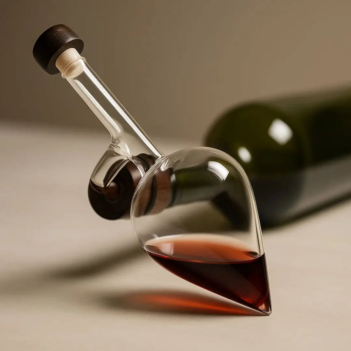 Aerador de vinho Gravant Casavelle inclinado com vinho tinto em seu interior, exibindo design escultural em vidro premium.