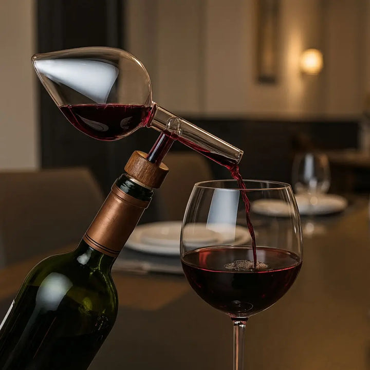 Aerador de vinho Gravant Casavelle oxigenando vinho tinto durante o servir, em ambiente sofisticado com taça e mesa posta.