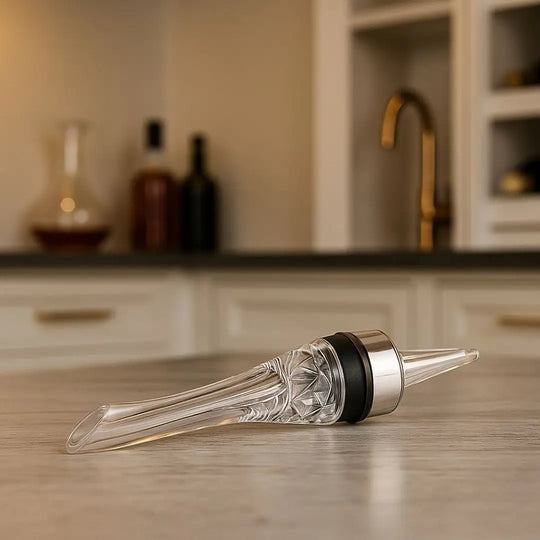 Aerador de Vinho Essence Casavelle de design transparente com detalhe metálico, apoiado sobre bancada elegante em cozinha sofisticada.