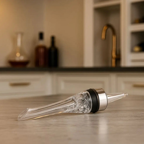 Aerador de Vinho Essence Casavelle de design transparente com detalhe metálico, apoiado sobre bancada elegante em cozinha sofisticada.