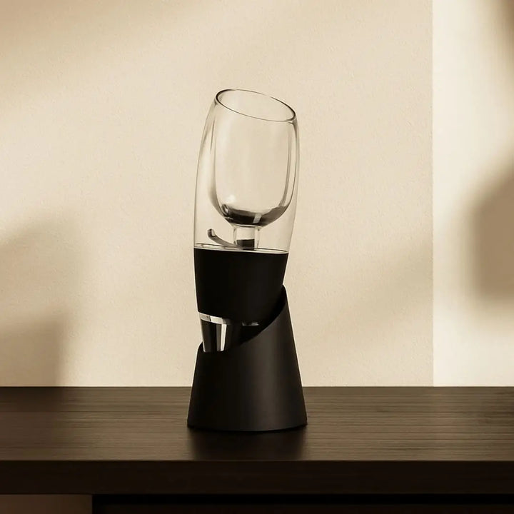 Aerador de vinho Magic Touch Casavelle em destaque sobre balcão sofisticado, exibindo design curvilíneo e acabamento premium.