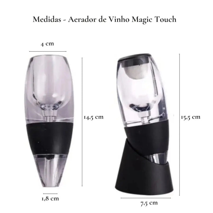 Medidas do Aerador de Vinho Magic Touch Casavelle, exibindo dimensões de 14,5 cm de altura, 15,5 cm com base e largura de 7,5 cm, em imagem técnica com vista frontal e lateral.