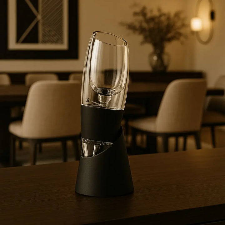 Aerador de vinho Magic Touch Casavelle em destaque sobre mesa sofisticada, com design transparente e base preta em ambiente de sala de jantar premium.