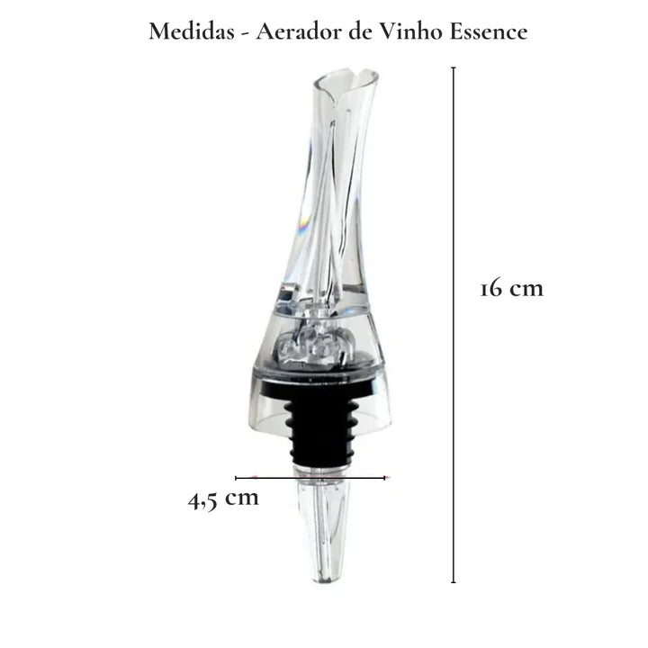 Aerador de Vinho Essence Casavelle em posição frontal com medidas destacadas — 16 cm de altura e 4,5 cm de largura — exibindo design transparente que simula cristal.