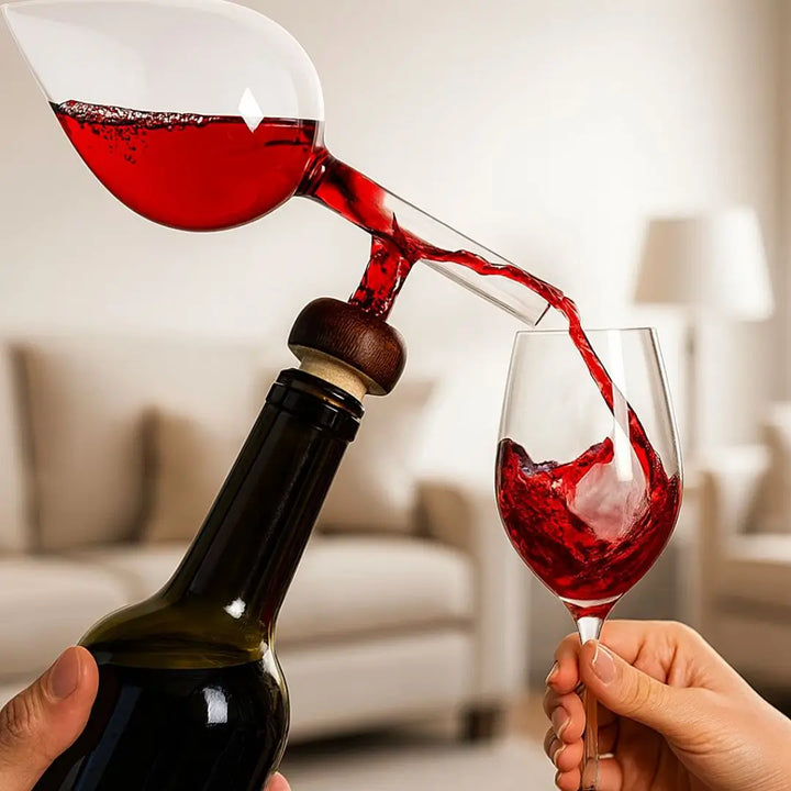 Aerador de vinho Gravant Casavelle servindo vinho tinto na taça, destacando oxigenação e design escultural em vidro premium.