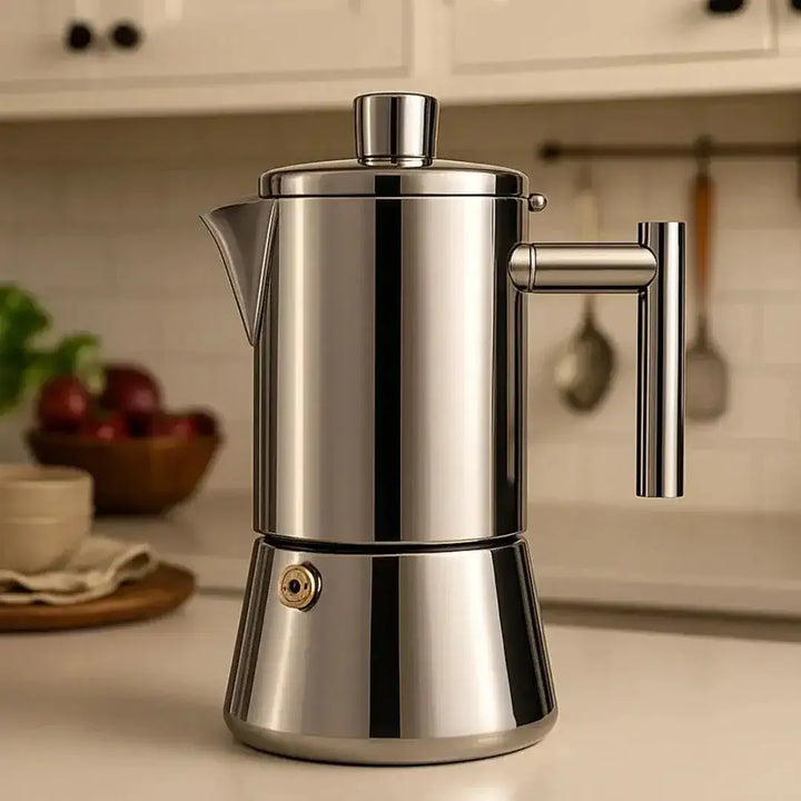 Cafeteira Elétrica Domani Casavelle em aço inox polido sobre bancada de cozinha moderna, refletindo design premium e sofisticação.