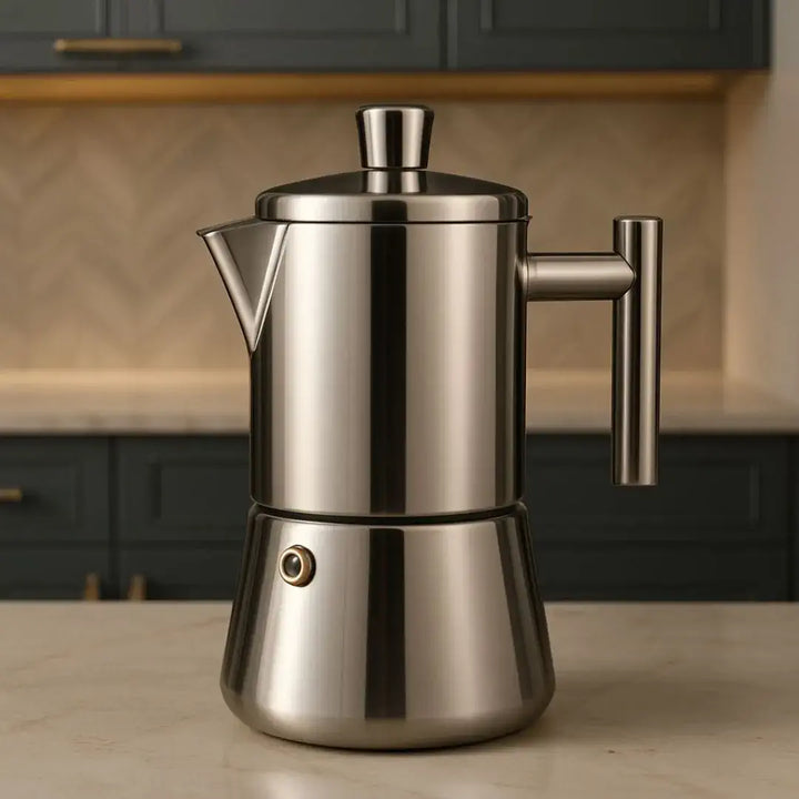 Cafeteira Elétrica Domani Casavelle em aço inox sobre bancada elegante, destacando design moderno e acabamento premium.