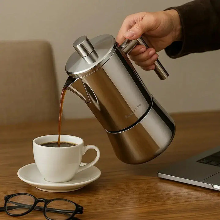 Cafeteira Elétrica Domani Casavelle servindo café em xícara sobre mesa de madeira, ao lado de óculos e notebook, em ambiente elegante.