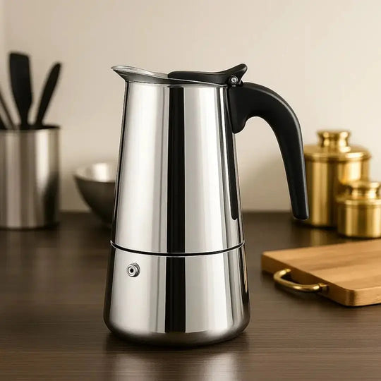 Cafeteira Inox Magnífica Casavelle sobre bancada de madeira com utensílios dourados, refletindo elegância e design premium.