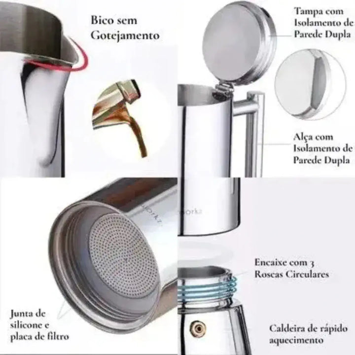 Detalhes técnicos da Cafeteira Elétrica Domani Casavelle em aço inox, com bico sem gotejamento, tampa dupla e caldeira de aquecimento rápido.