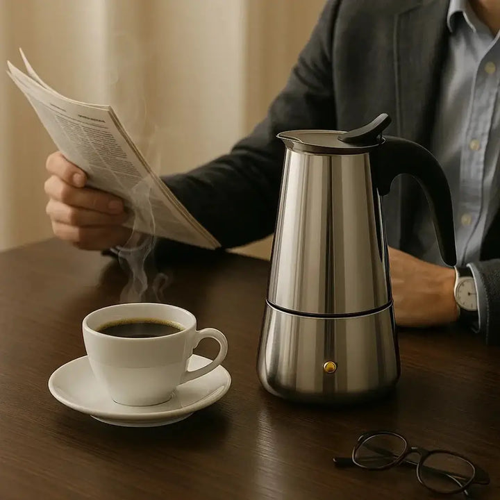 Cafeteira Inox Magnífica Casavelle sobre mesa com xícara fumegante, homem lendo jornal, ambiente elegante e acolhedor.