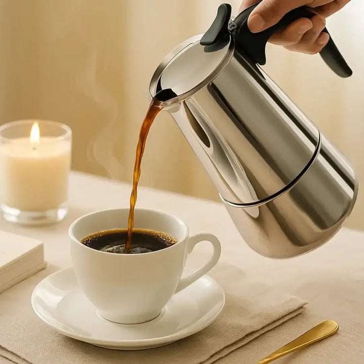 Cafeteira Inox Magnífica Casavelle servindo café em xícara branca sobre mesa elegante, refletindo sofisticação e aconchego.