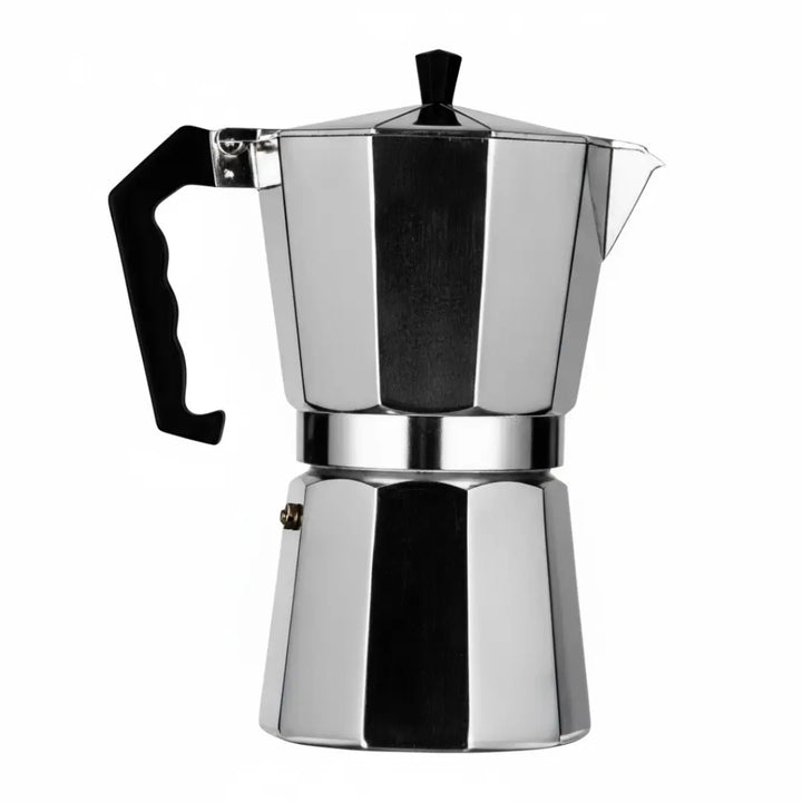 Cafeteira Italiana Imperiale Casavelle em alumínio polido com design octogonal clássico e cabo ergonômico preto, vista lateral.