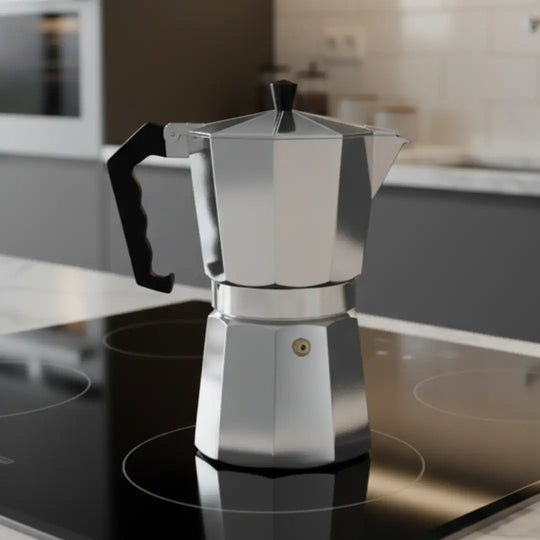 Cafeteira Italiana Imperiale Casavelle em alumínio polido sobre fogão de indução moderno, unindo tradição e design refinado.