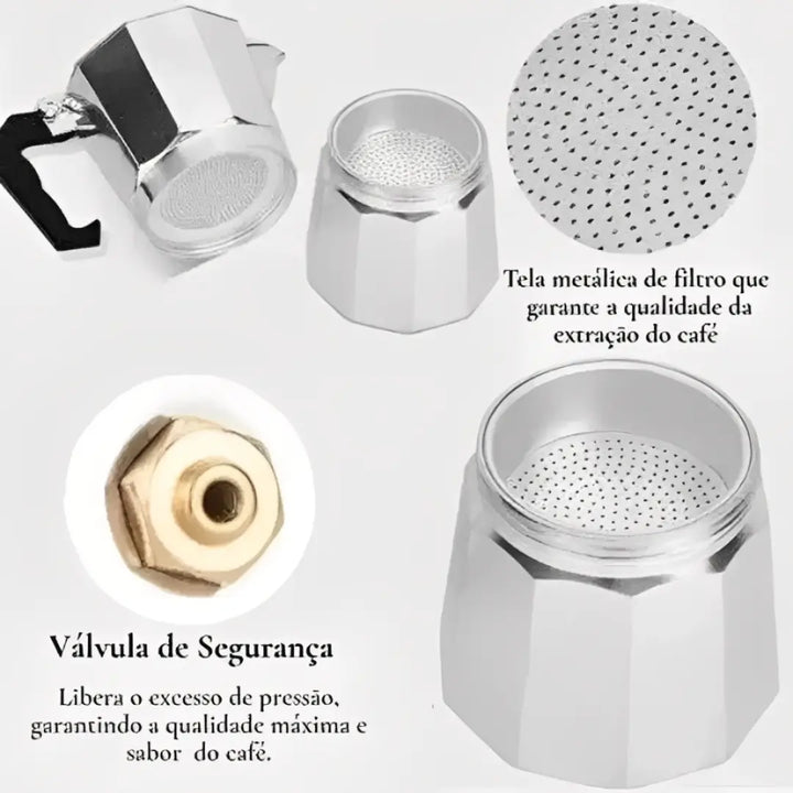 Detalhes da Cafeteira Italiana Imperiale Casavelle com filtro metálico e válvula de segurança para extração perfeita do café.