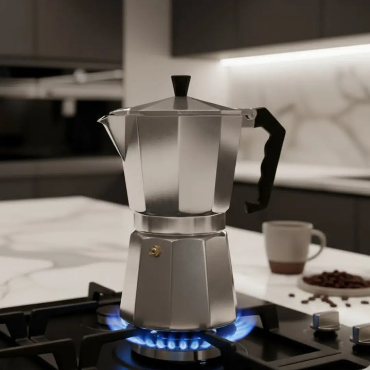 Cafeteira Italiana Imperiale Casavelle em alumínio polido sobre chama azul, preparando café com estilo clássico e precisão artesanal.