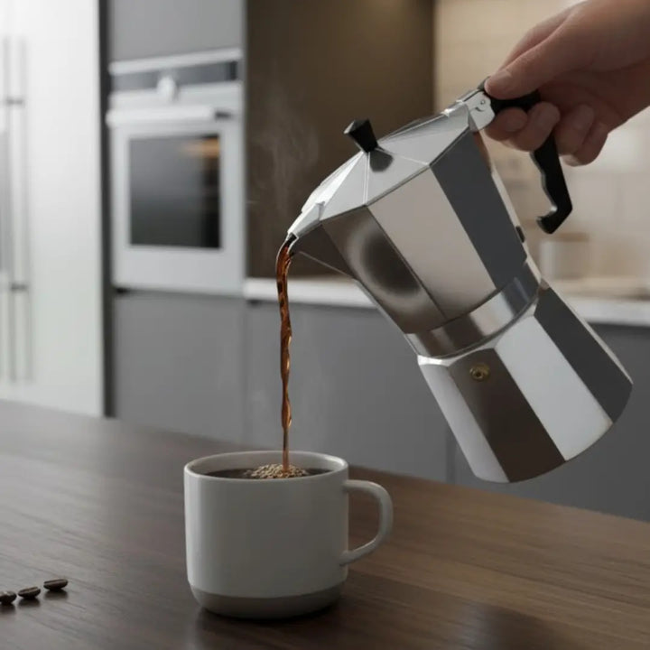 Café sendo servido da Cafeteira Italiana Imperiale Casavelle em alumínio polido, com vapor suave e aroma intenso sobre a xícara.