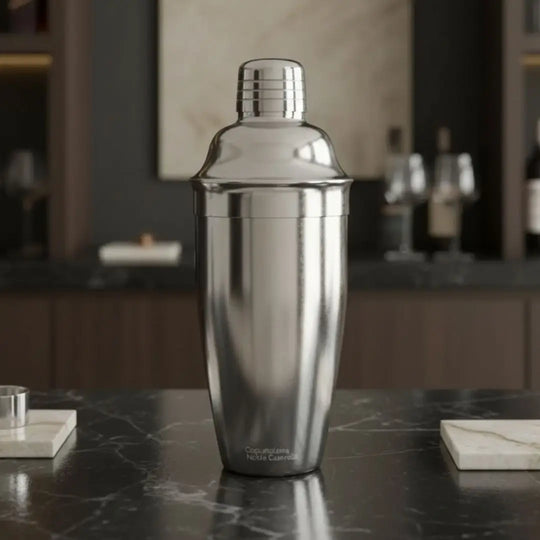 coqueteleira em aço inoxidável posicionada sobre bancada de mármore em ambiente de bar sofisticado.