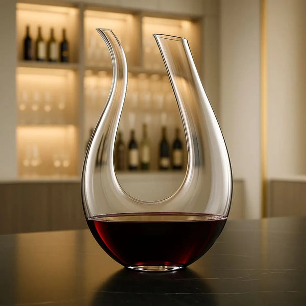 Decantador de vinho Vinorium Casavelle em cristal formato U sobre balcão sofisticado, com vinho tinto, em ambiente moderno e iluminado.