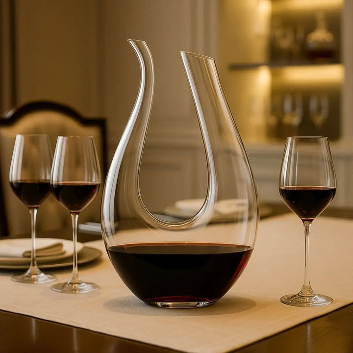 Decantador de Vinho Vinorium Casavelle em cristal premium formato U sobre mesa posta sofisticada, acompanhado de taças de vinho tinto.