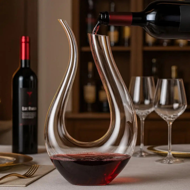 Vinho tinto sendo servido no Decantador Vinorium Casavelle em cristal formato U, sobre mesa posta sofisticada com taças e garrafa ao fundo.