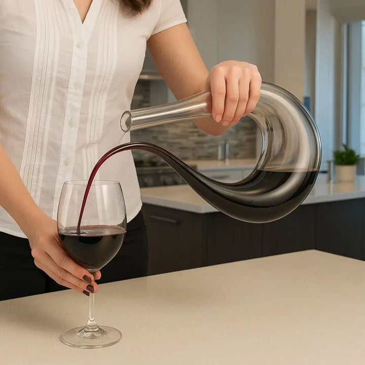 Pessoa servindo vinho tinto com o Decantador Vinorium Casavelle em cristal formato U, destacando oxigenação e elegância em ambiente de cozinha moderna.