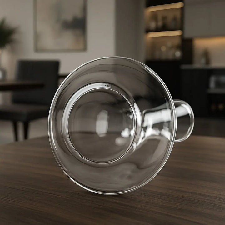 vista inferior do decanter de cristal casavelle sobre mesa de madeira em ambiente sofisticado.