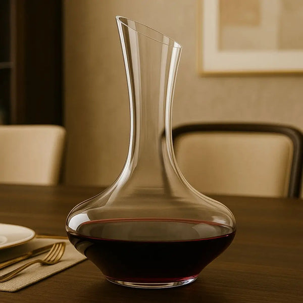 decanter de vinho em cristal bellatorre casavelle sobre mesa de jantar luxuosa com vinho tinto.
