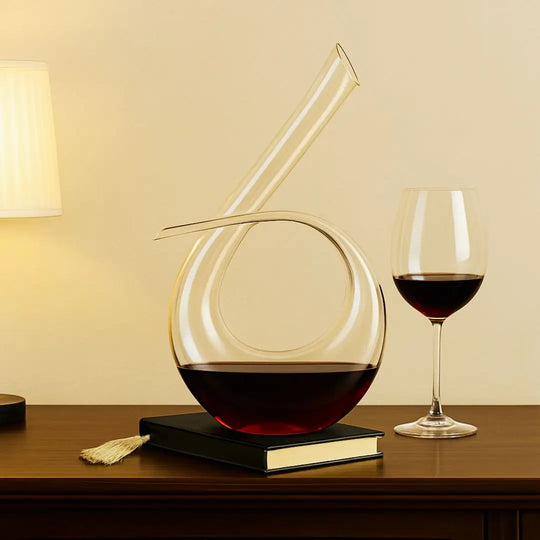 decanter de vinho design curvilineo magnat casavelle sobre livro com taça de vinho ao lado em ambiente sofisticado.