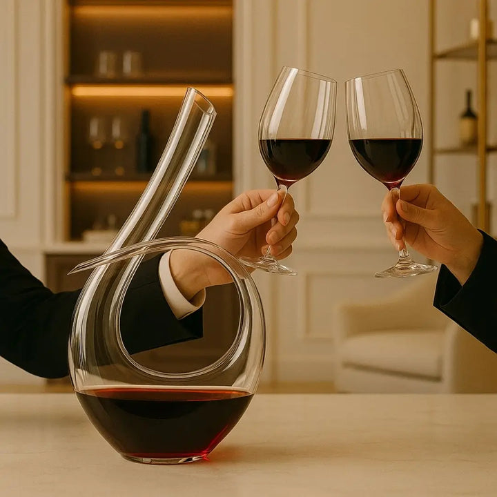 brinde com taças de vinho ao lado do decanter de vinho magnat casavelle em ambiente sofisticado.