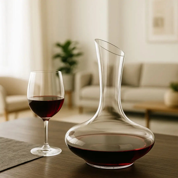 decanter de cristal casavelle com vinho tinto ao lado de taça em mesa de sala elegante.