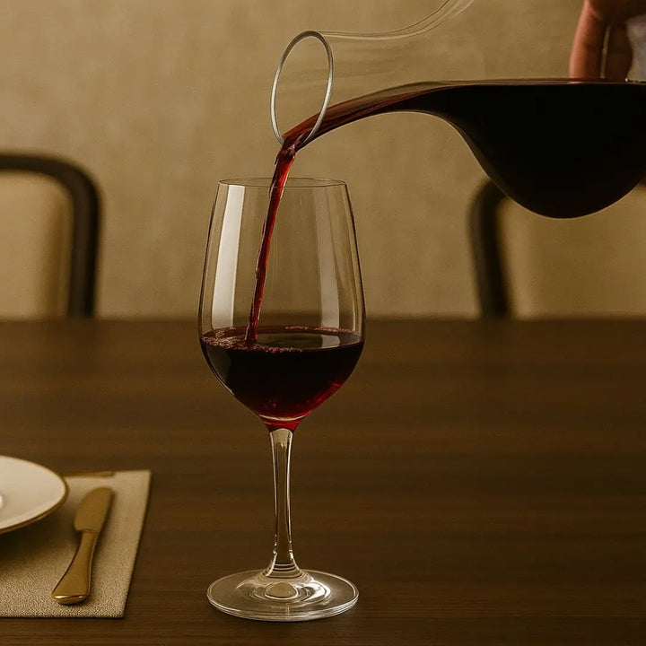 vinho tinto sendo servido em taça através de decanter de cristal casavelle em mesa de jantar sofisticada.