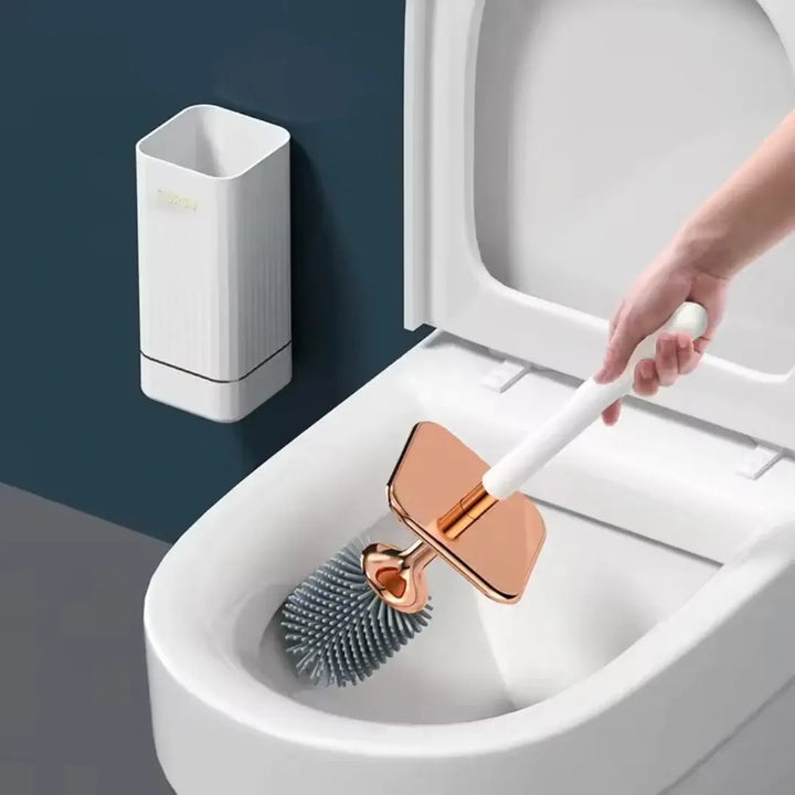 Escova sanitária de silicone com suporte moderno para banheiros elegantes
