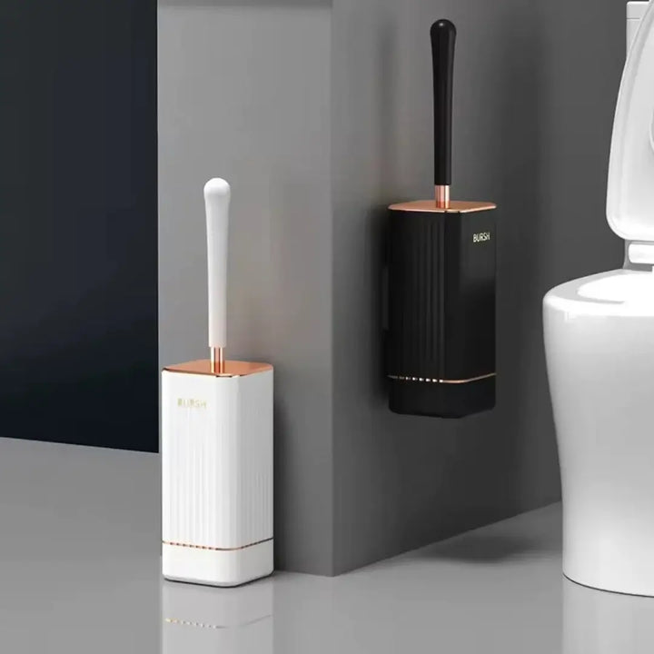 Escova sanitária de silicone com suporte moderno para banheiros elegantes
