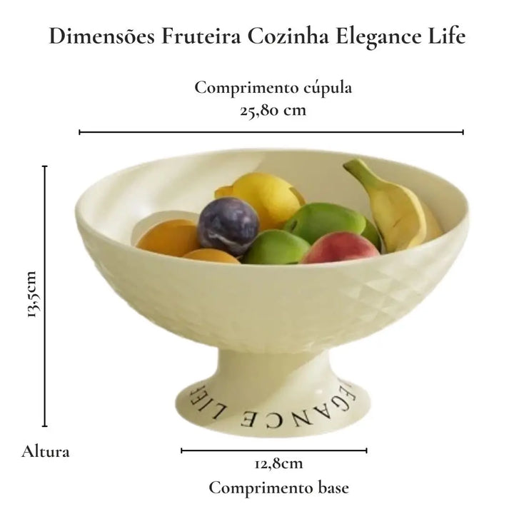 Fruteira Elegance Life Casavelle na cor creme com frutas frescas, exibindo medidas de altura e largura detalhadas.