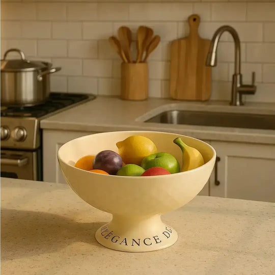 Fruteira de Cozinha Elegance Life Casavelle na cor creme com frutas frescas sobre bancada de cozinha elegante com iluminação suave.