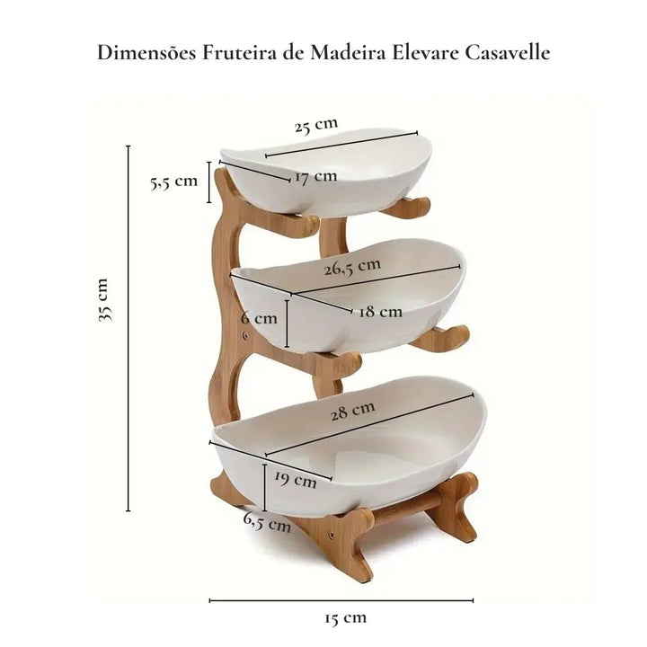 Dimensões da Fruteira de Madeira Elevare Casavelle com três tigelas de cerâmica branca e suporte em madeira, medindo 35 cm de altura.