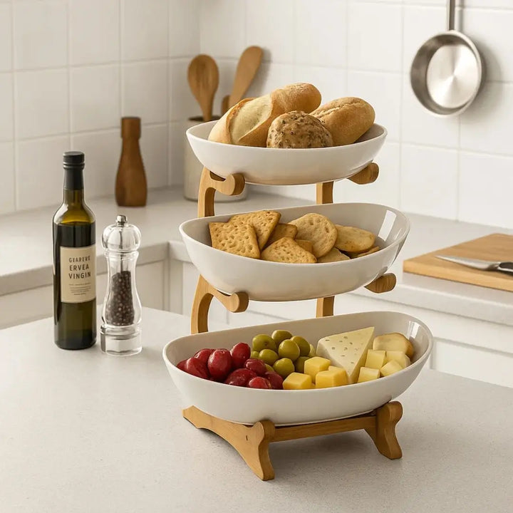 Fruteira de Madeira Elevare Casavelle com três andares servindo pães, queijos e petiscos sobre bancada de cozinha moderna e elegante.