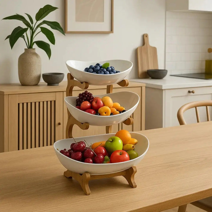 Fruteira de Madeira Elevare Casavelle com três andares de cerâmica branca organizando frutas frescas em cozinha moderna e iluminada.