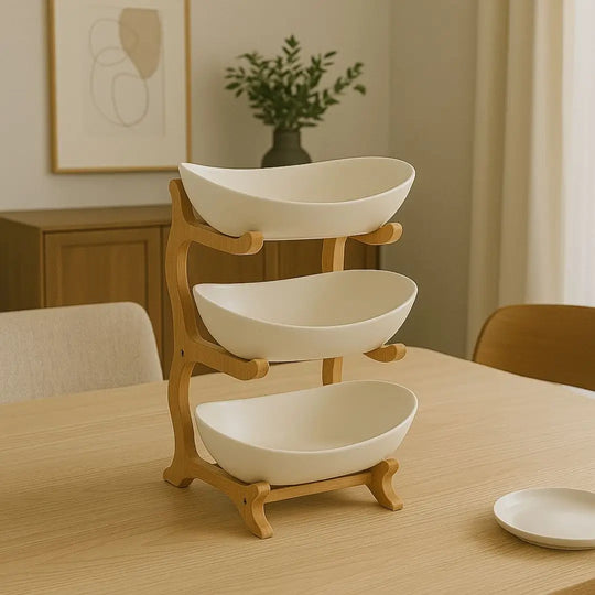 Fruteira de Madeira Elevare Casavelle com três níveis em cerâmica branca sobre mesa de madeira em sala moderna e iluminada.