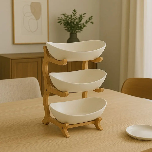 Fruteira de Madeira Elevare Casavelle com três níveis em cerâmica branca sobre mesa de madeira em sala moderna e iluminada.