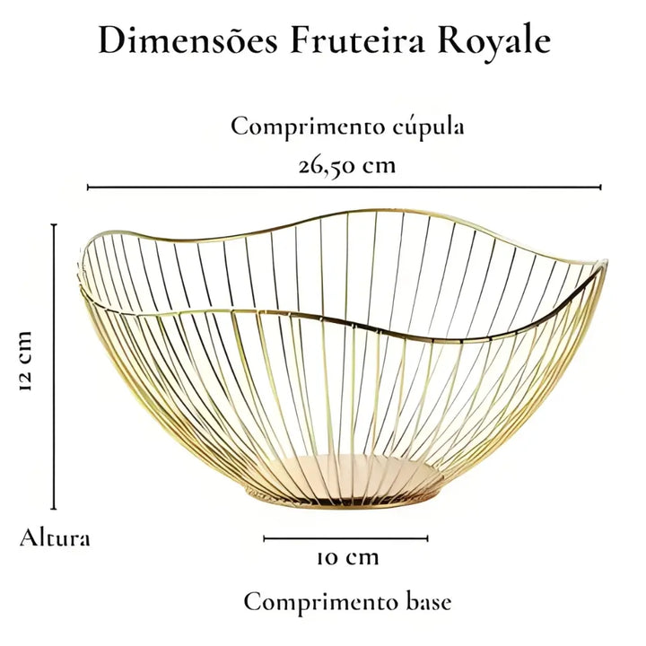Dimensões da Fruteira Royale Casavelle dourada, com 26,5 cm de diâmetro superior, 12 cm de altura e 10 cm de base metálica.