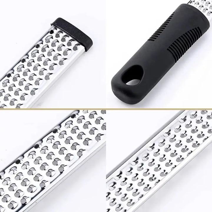 Detalhes do ralador de queijo Maestro Casavelle com lâmina em aço e cabo ergonômico em composição minimalista.