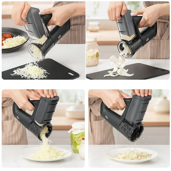 Ralador de queijo elétrico Casavelle sendo usado para ralar diferentes alimentos em quatro cenas demonstrativas.