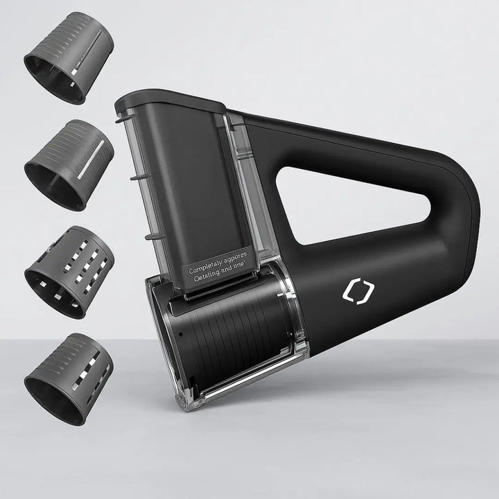 Ralador de queijo elétrico Casavelle com quatro lâminas intercambiáveis exibidas ao lado em fundo neutro.