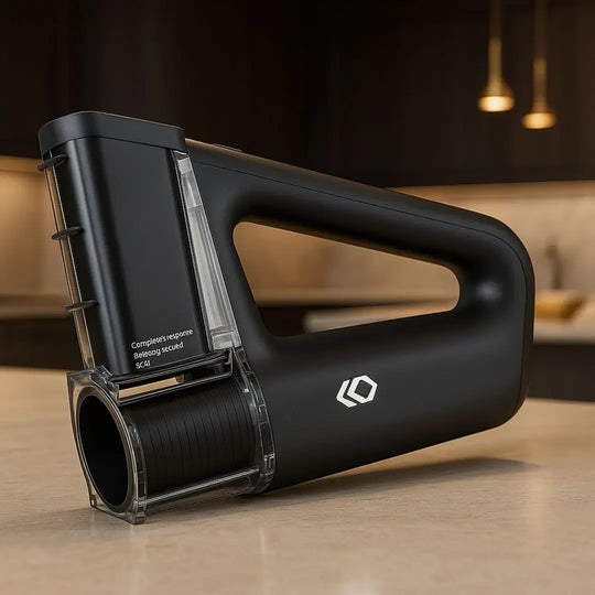 Ralador de queijo elétrico preto Casavelle sobre bancada de cozinha moderna com iluminação elegante.