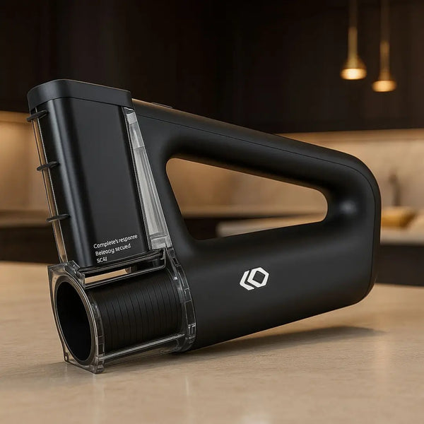 Ralador de queijo elétrico preto Casavelle sobre bancada de cozinha moderna com iluminação elegante.